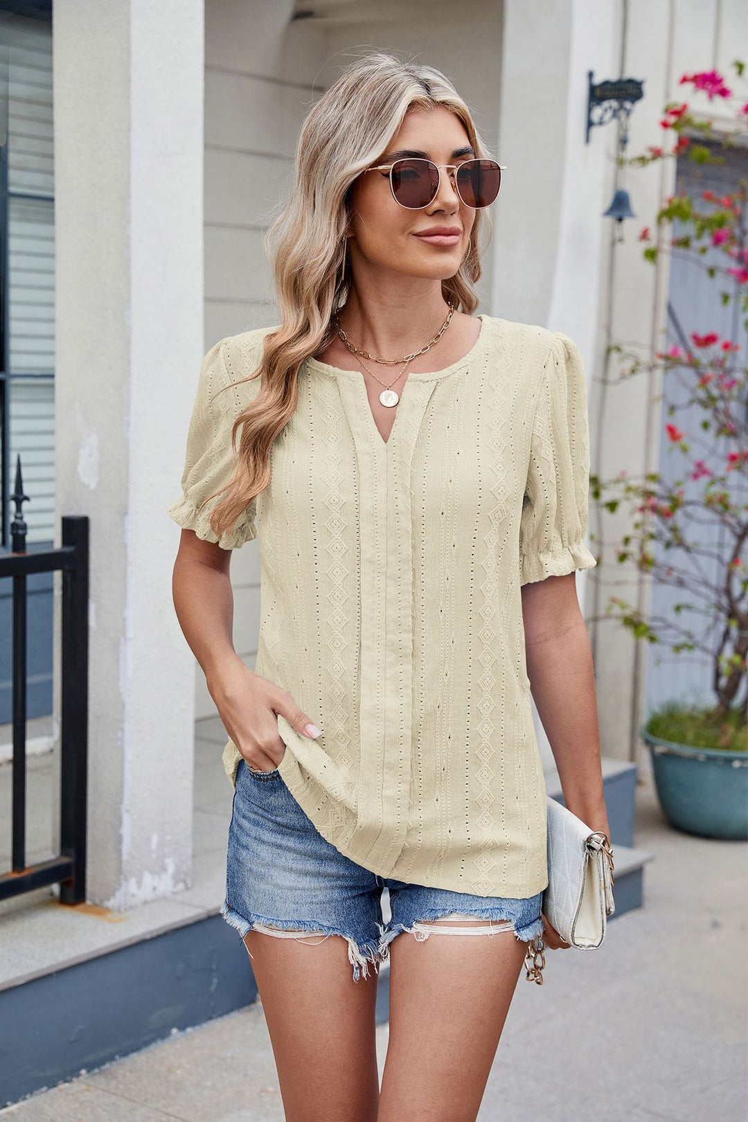 Cream Puff Sleeve V Neck Top