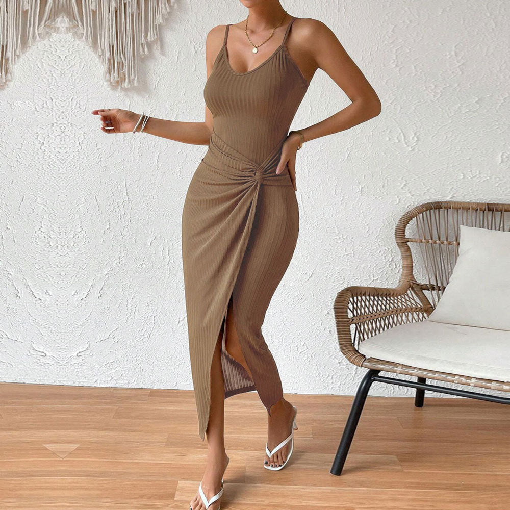 Beige Sleeveless Waist Twisted Dress