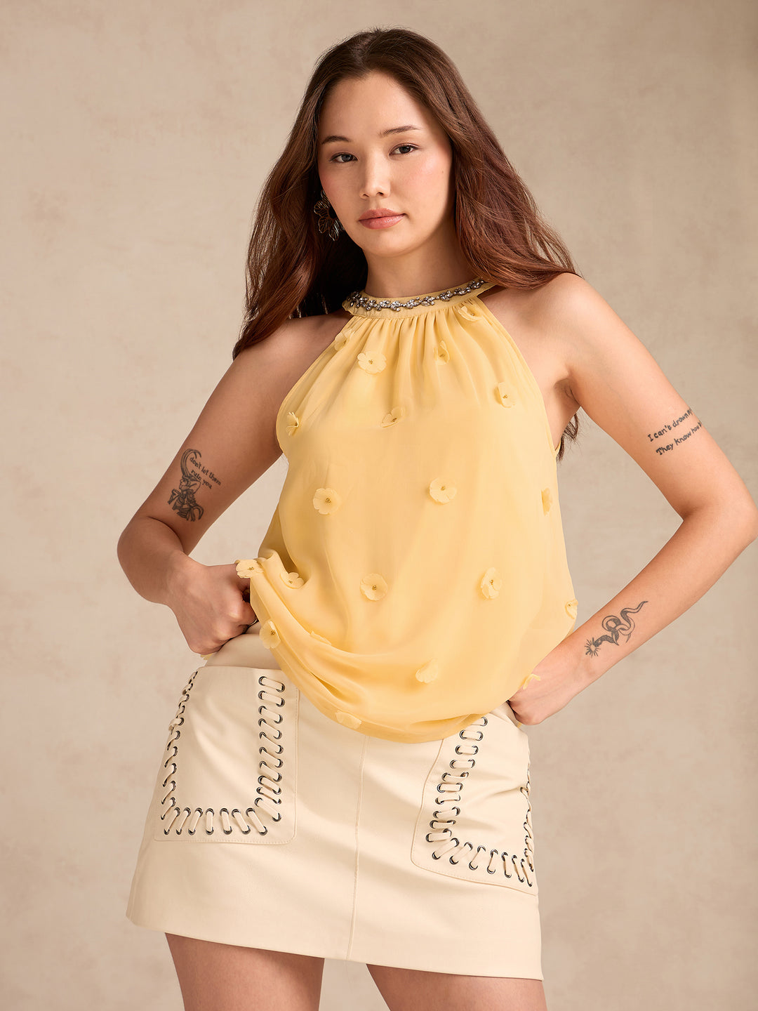 Yellow Halter Neck Top In 3D Floral Embellished Fabric