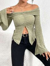 Green Off-Shoulder V Notch Hem Top