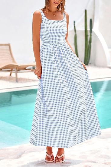 Light Blue Striped Square Neck Cinched Waist Dress