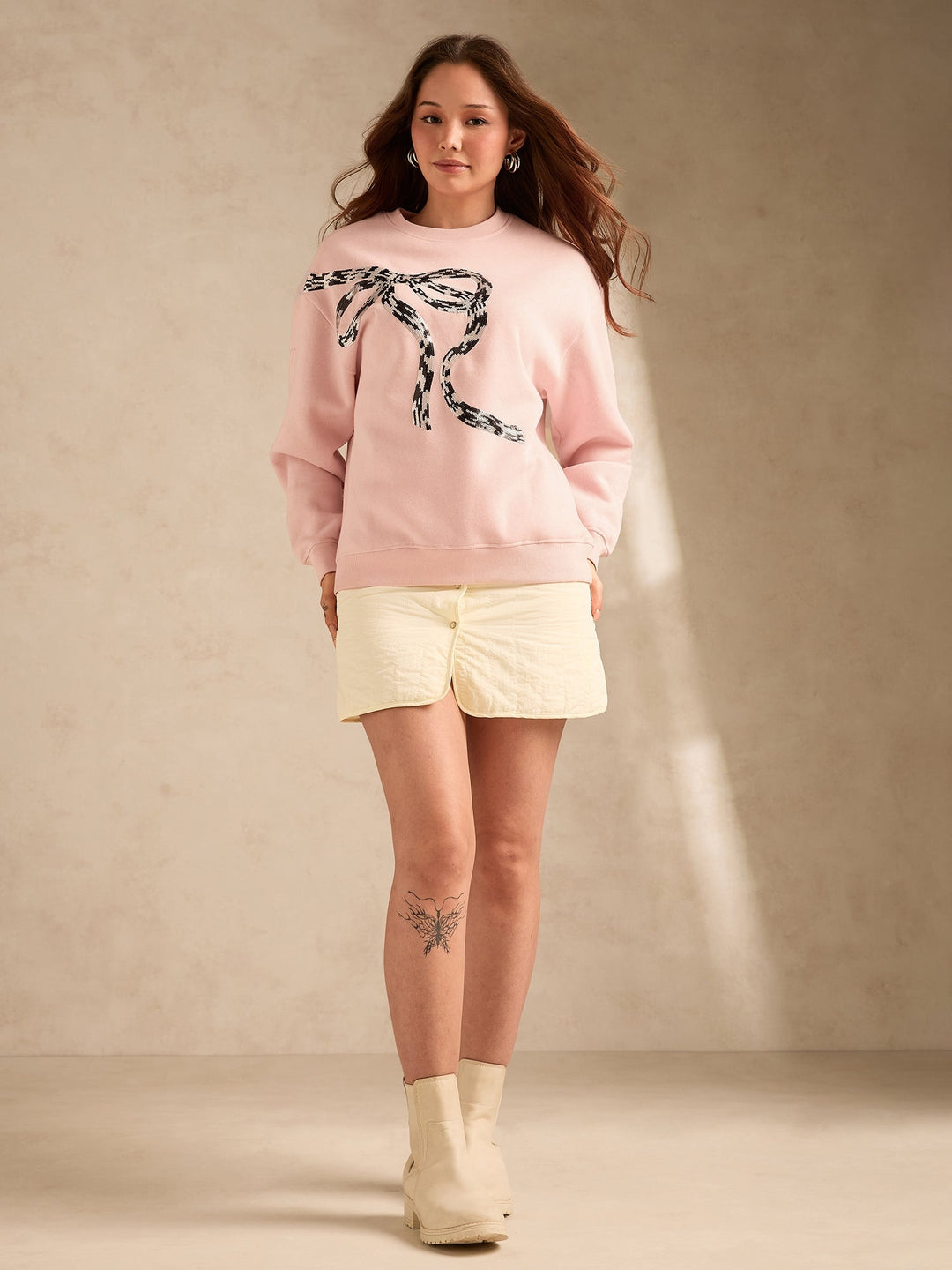 Pink Sequined Bow-Detail Russian Fleece Sweatshirt