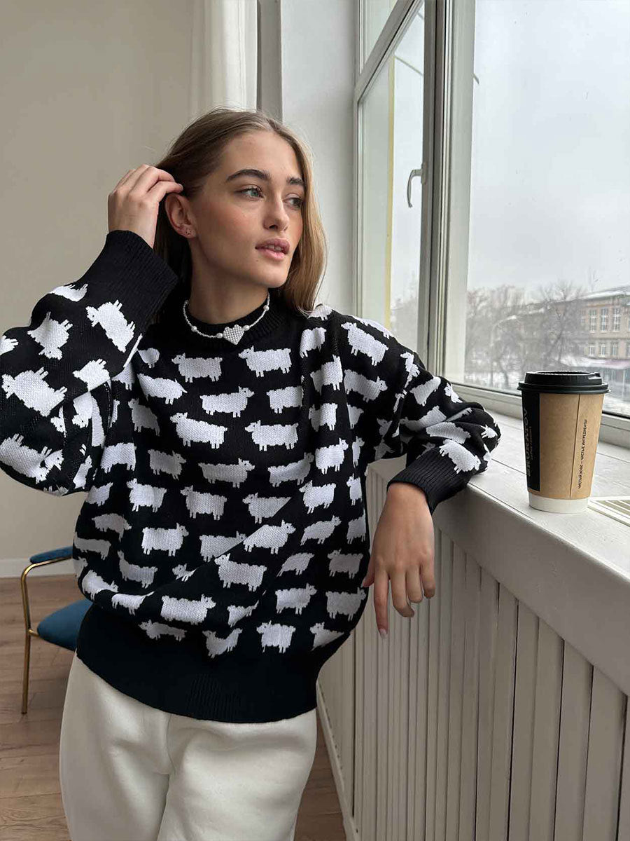 Black Printed Relaxed Sweater