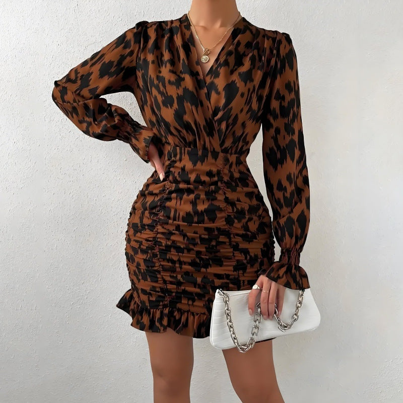 Brown Bishop Sleeve Printed V Neck Ruffle Hem Dress