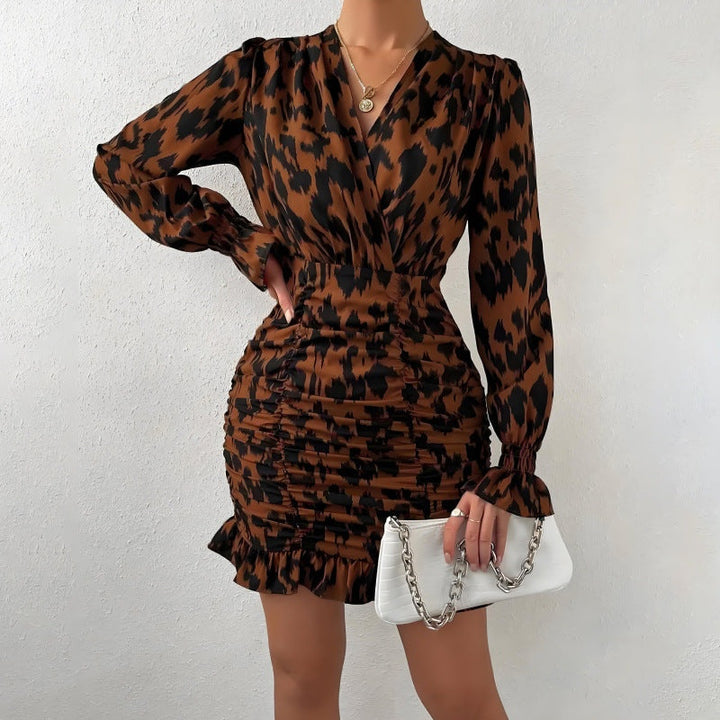 Brown Bishop Sleeve Printed V Neck Ruffle Hem Dress
