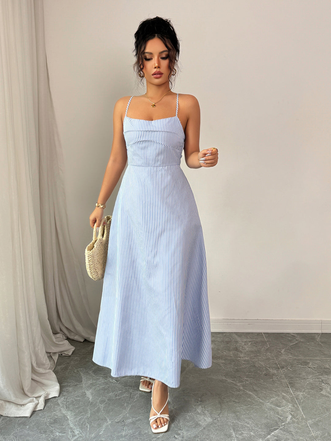 Blue Backless Striped Maxi Dress