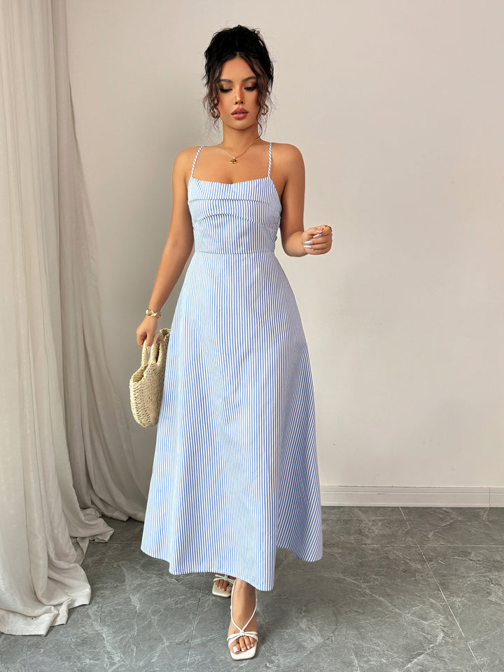 Blue Backless Striped Maxi Dress