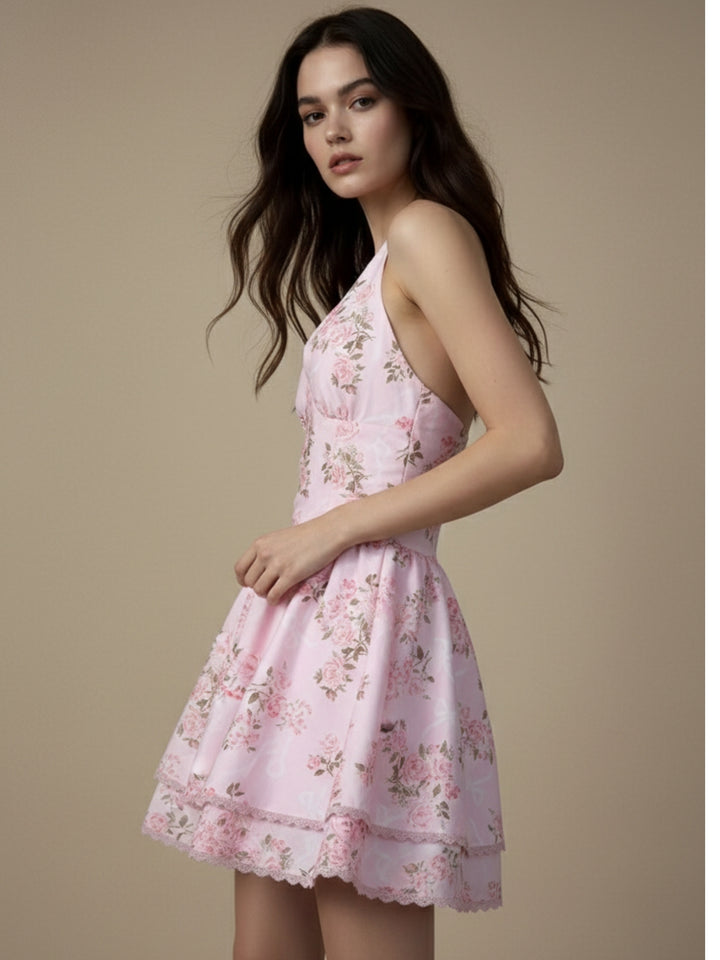 Pink Halter Neck Printed Tiered Dress