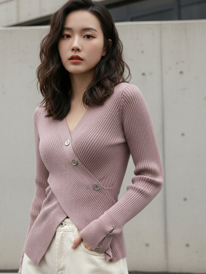 Mauve Full Sleeve Wrap Asymmetrical Hem Top