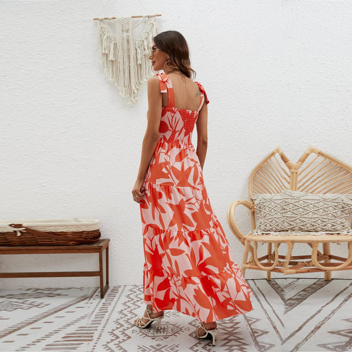 Orange Printed Tie Up Maxi Dress