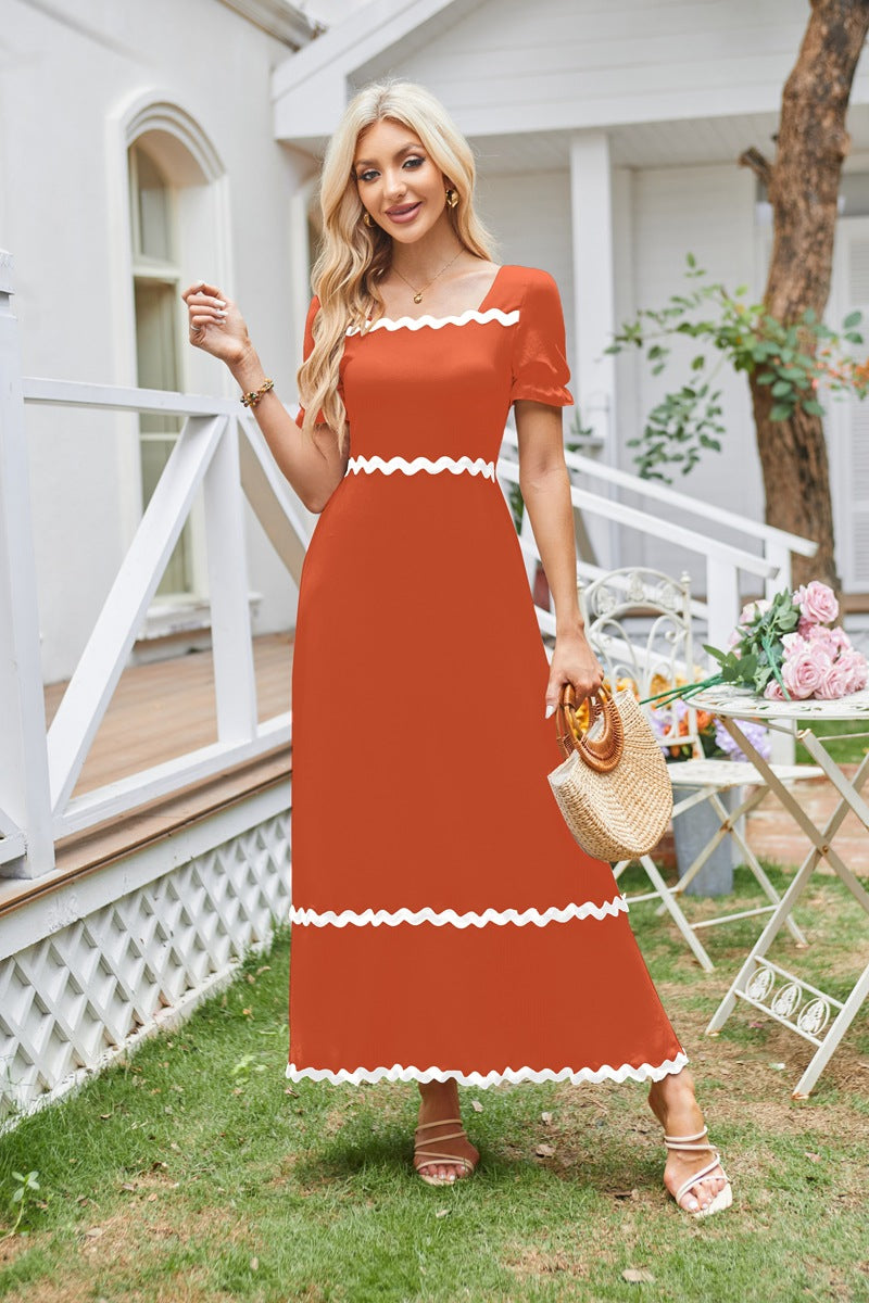 Rust Square Neck Contrast Tipping Maxi Dress