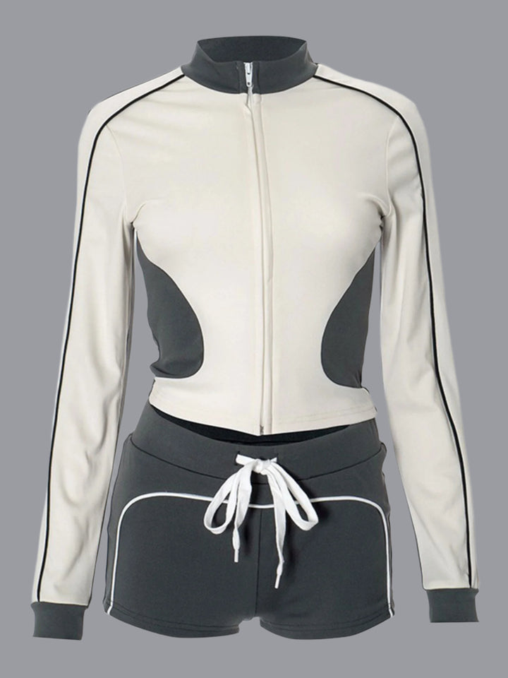 Beige Contrast Taping Zipper Top