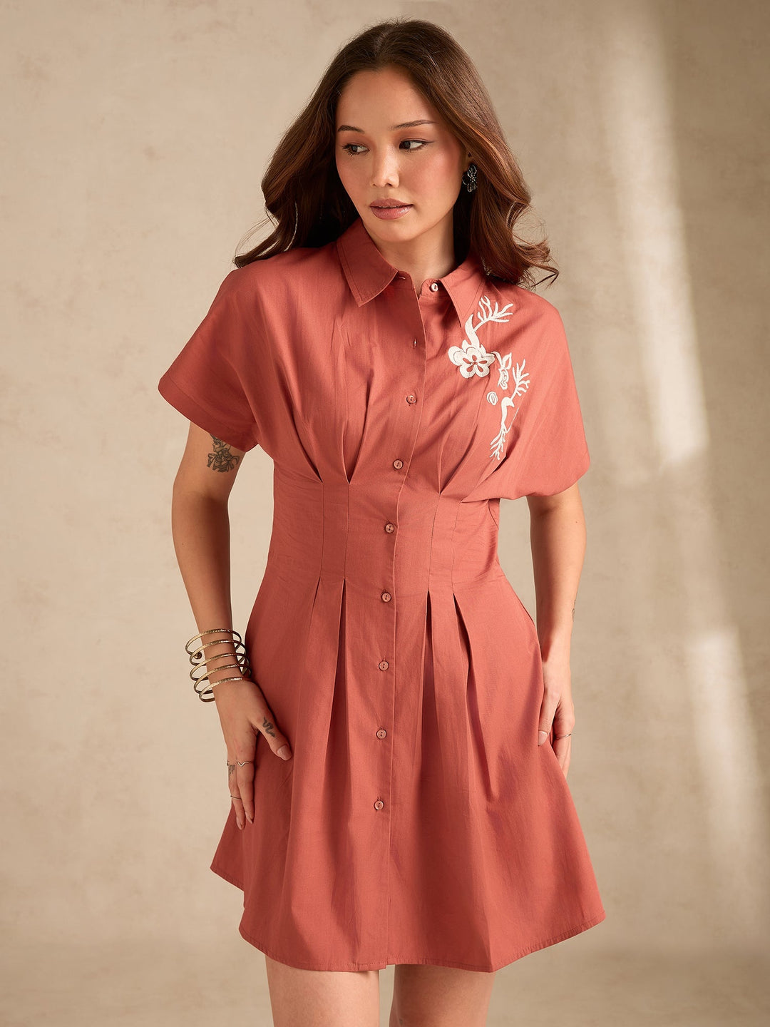 Rust Dolman Fit Printed Shirt Dress With Belt Detail