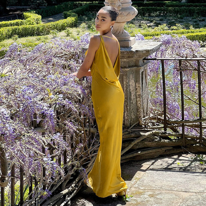 Yellow Flared cowl solid dress