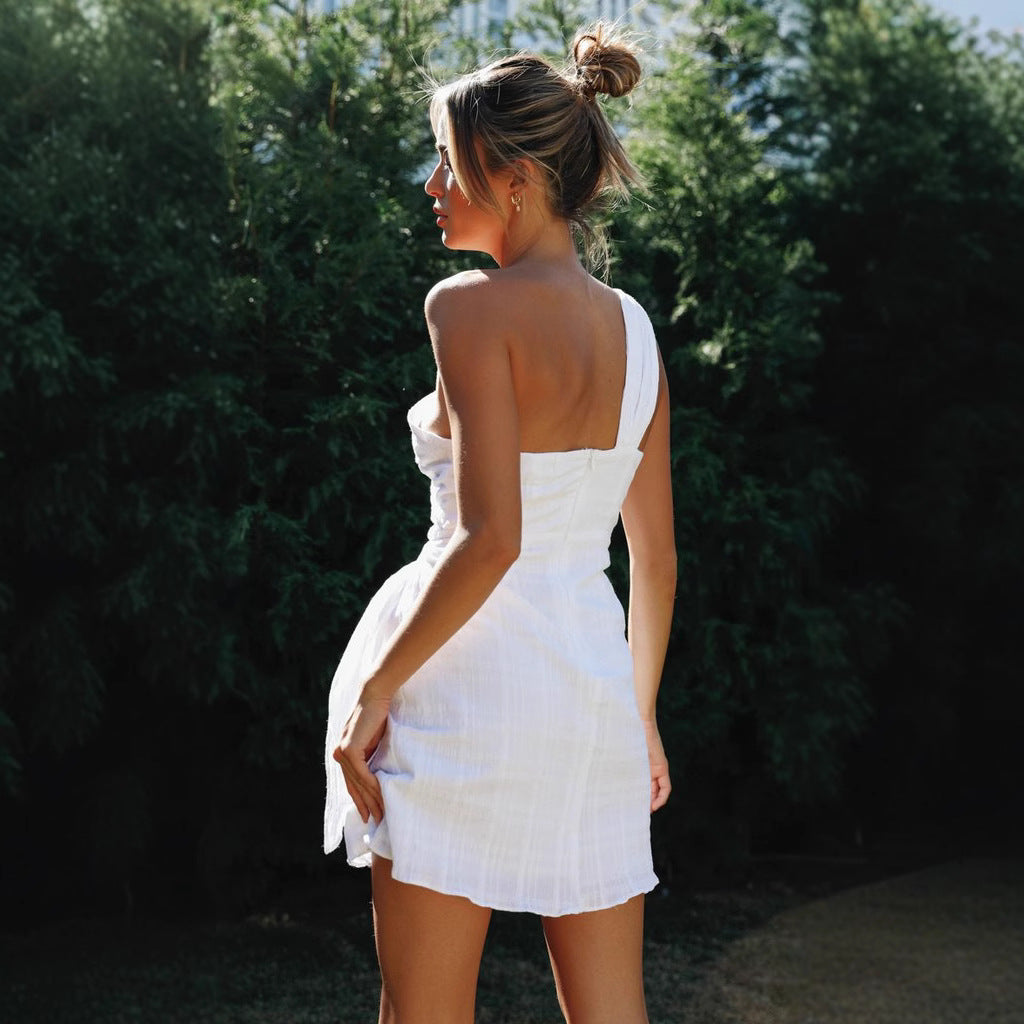 White One Shoulder Solid Mini Dress