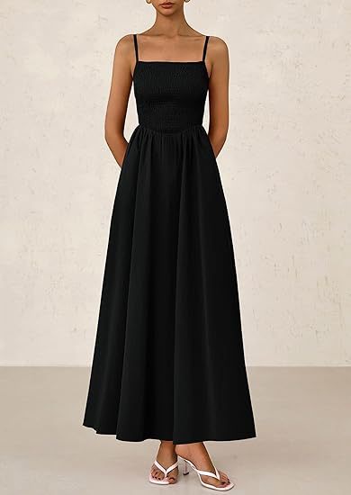Black Strappy Square Neck Cinched Waist Dress With Pockets