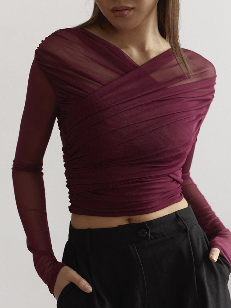 Wine Cross-Wrap Ruched Long-Sleeve Top