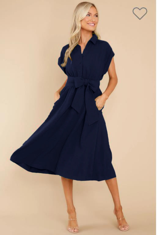 Navy Blue Button Down Tie Up Dress