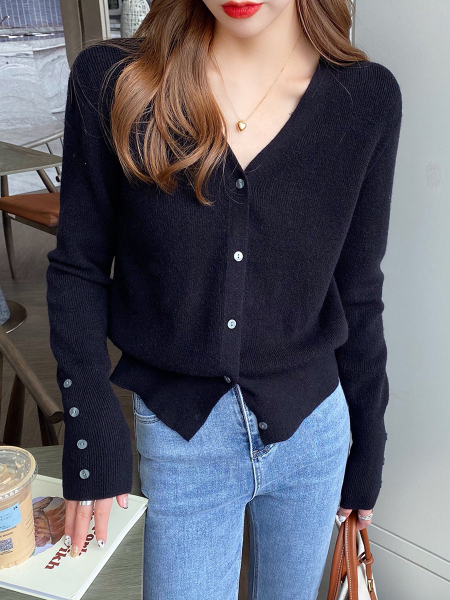 Navy Blue Full Sleeve V Neck Buttoned Cardigan