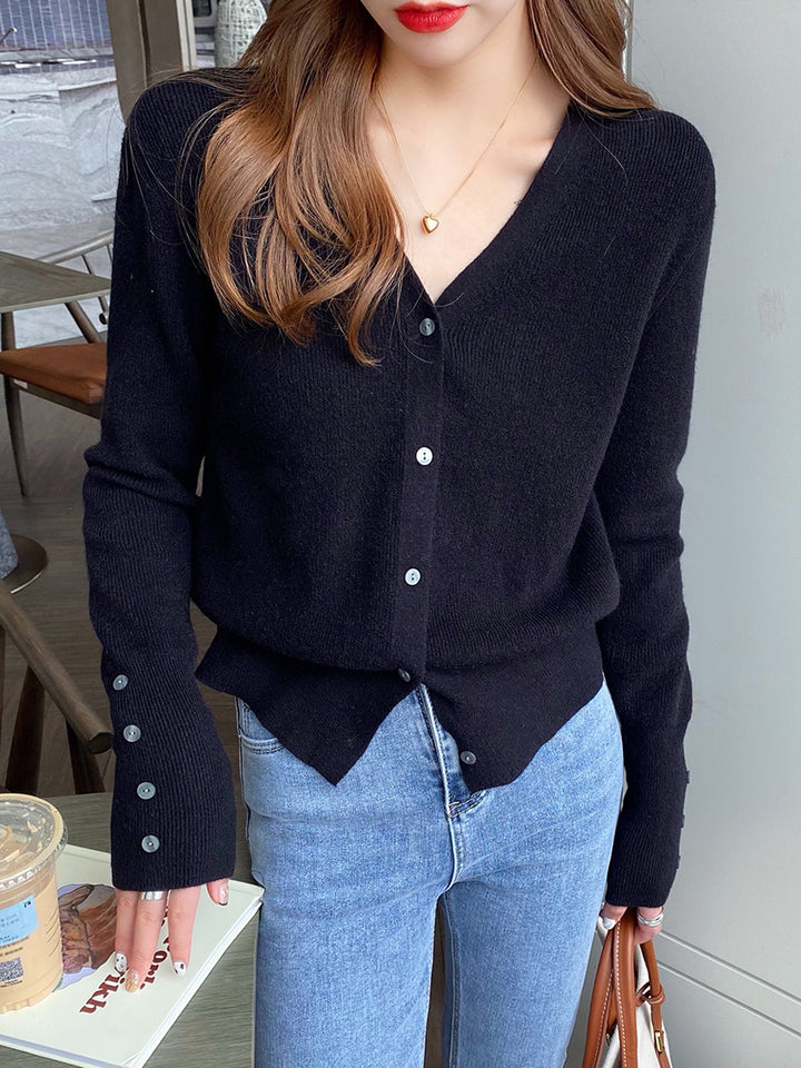 Navy Blue Full Sleeve V Neck Buttoned Cardigan