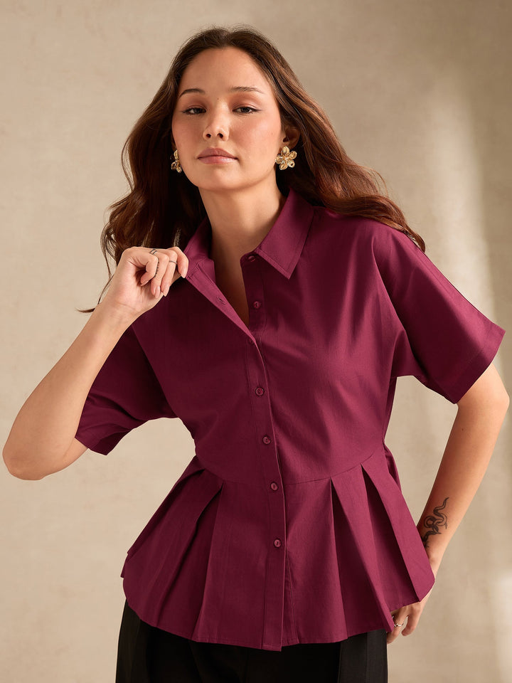 Wine Cinched Waist Utility Blouse