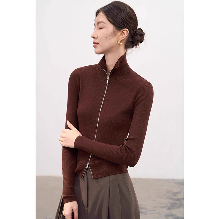 Brown Full Sleeve Front Zip Top