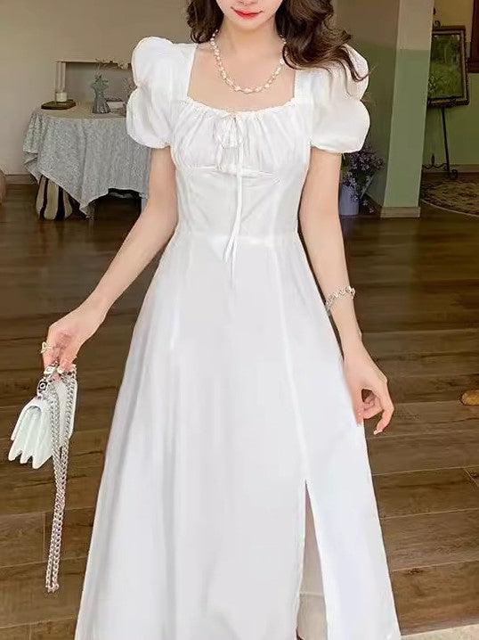White Square Neck Midi Dress With Puff Sleeve