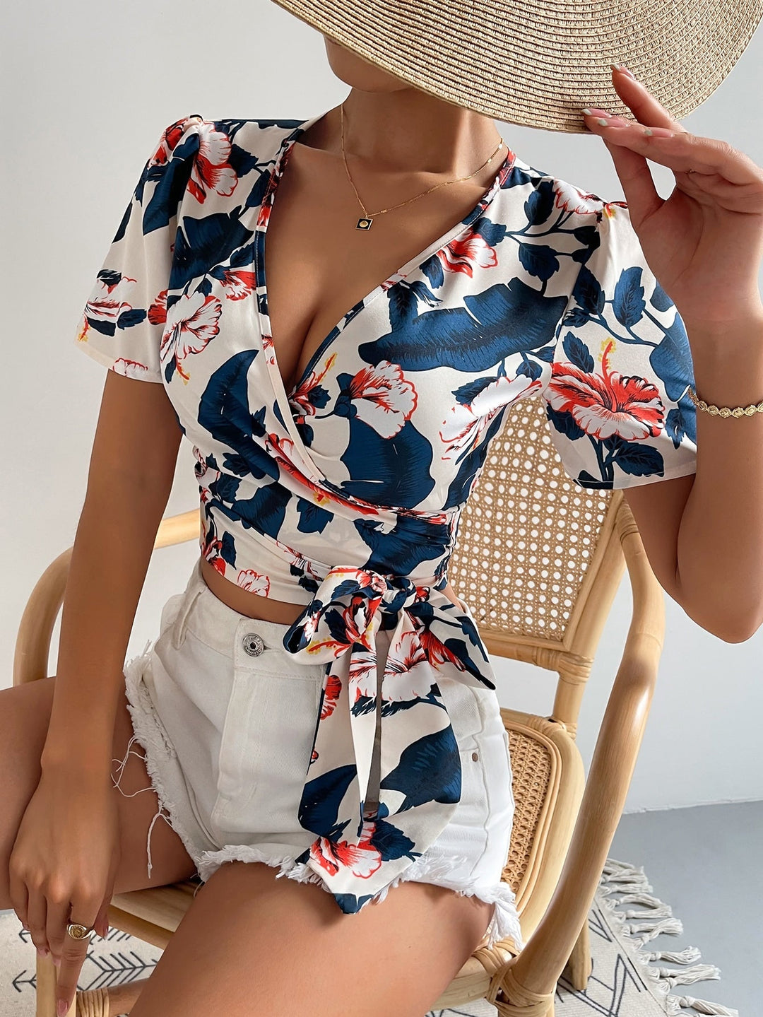 White Short Sleeve Wrap V Neck Top