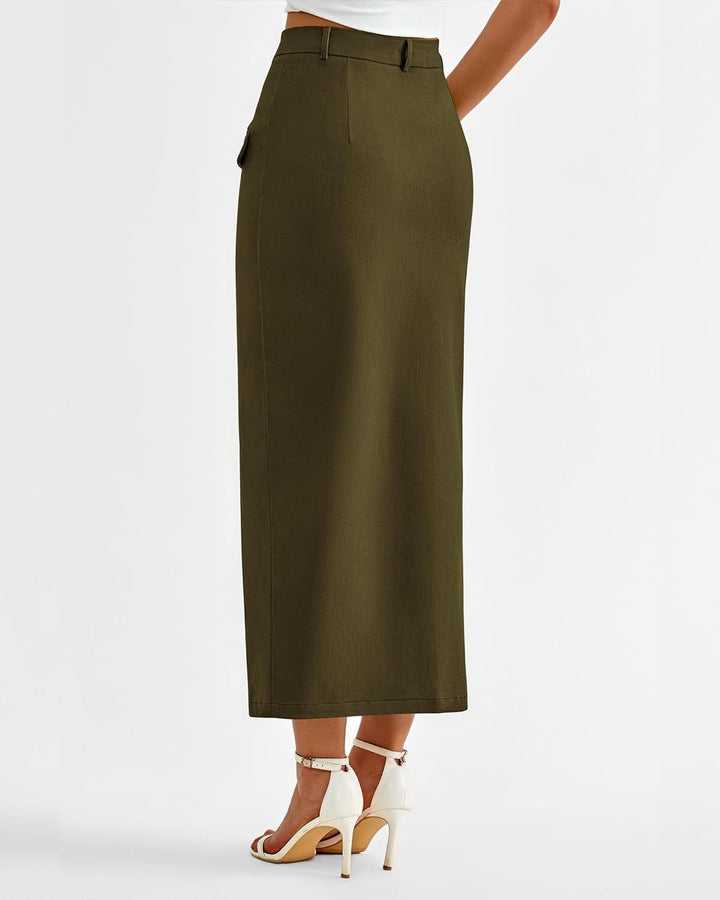 Olive Front Pocket With Pocket Midi Skirt