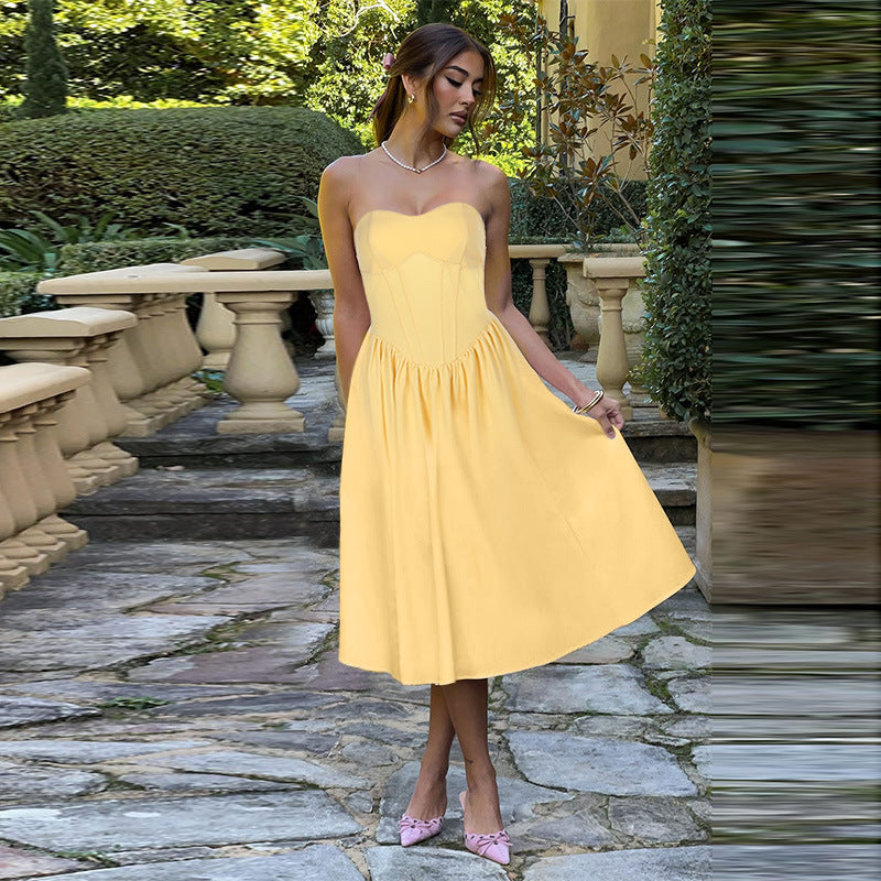 Yellow Pointed Waistline Corset Dress
