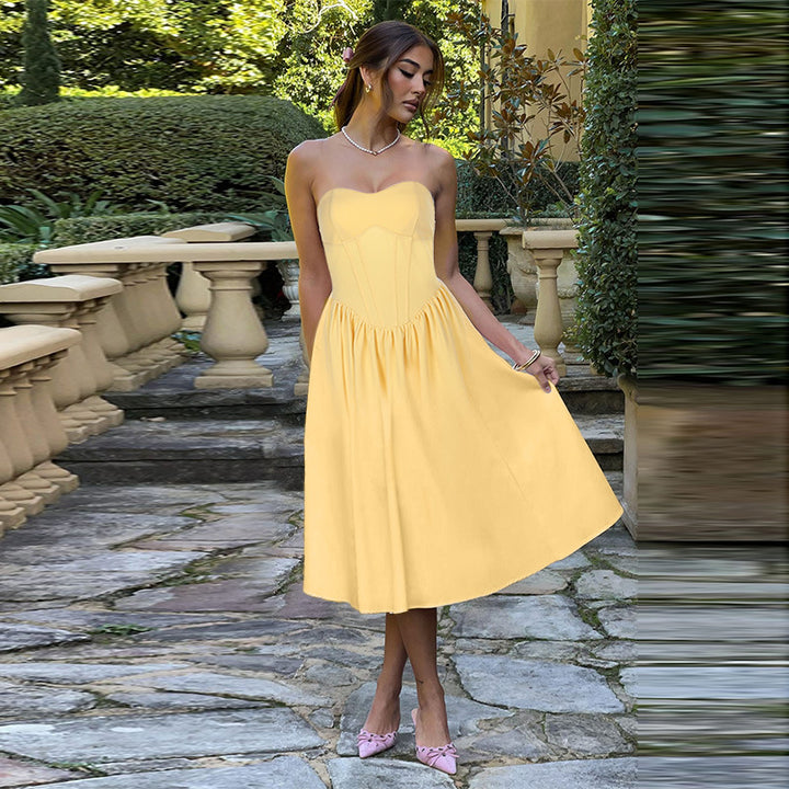 Yellow Pointed Waistline Corset Dress