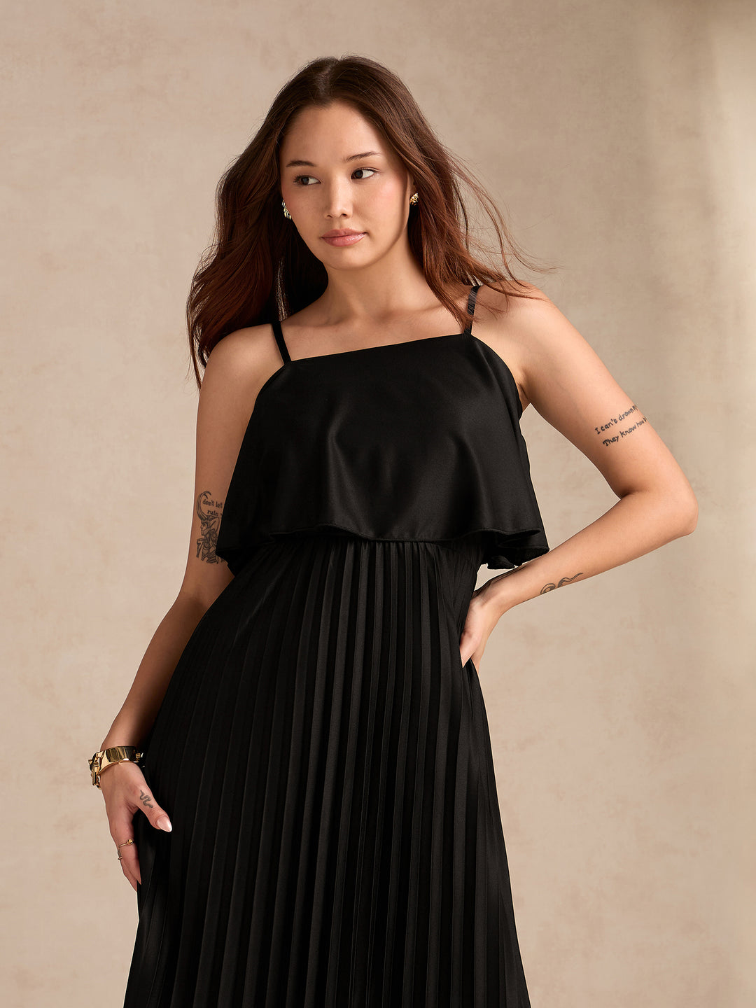 Black Strappy Pleated Maxi Dress