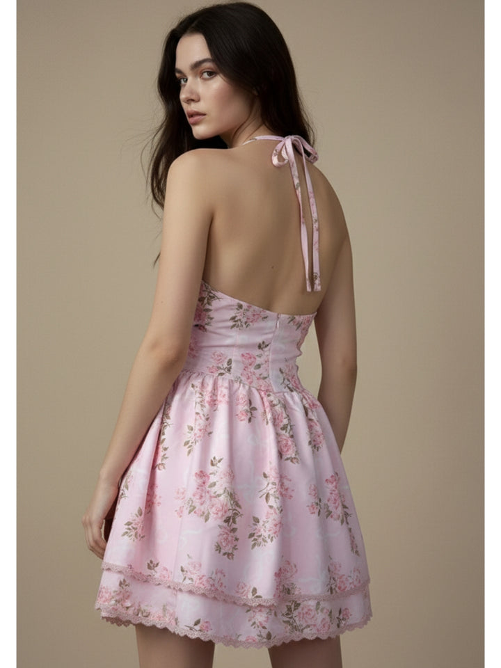 Pink Halter Neck Printed Tiered Dress