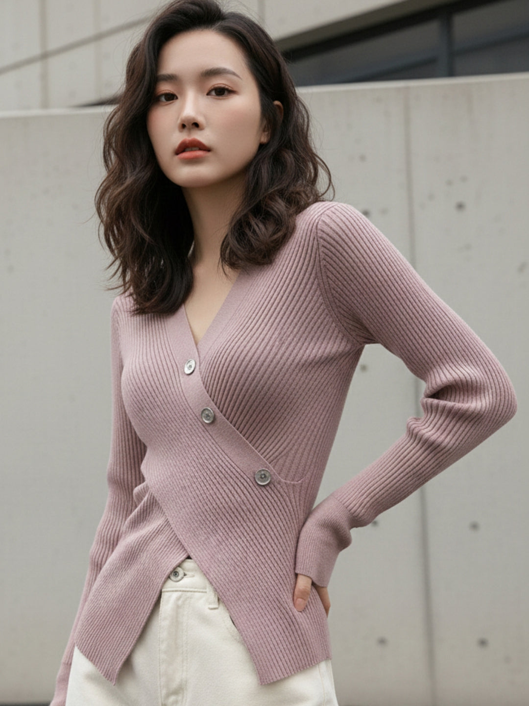 Mauve Full Sleeve Wrap Asymmetrical Hem Top