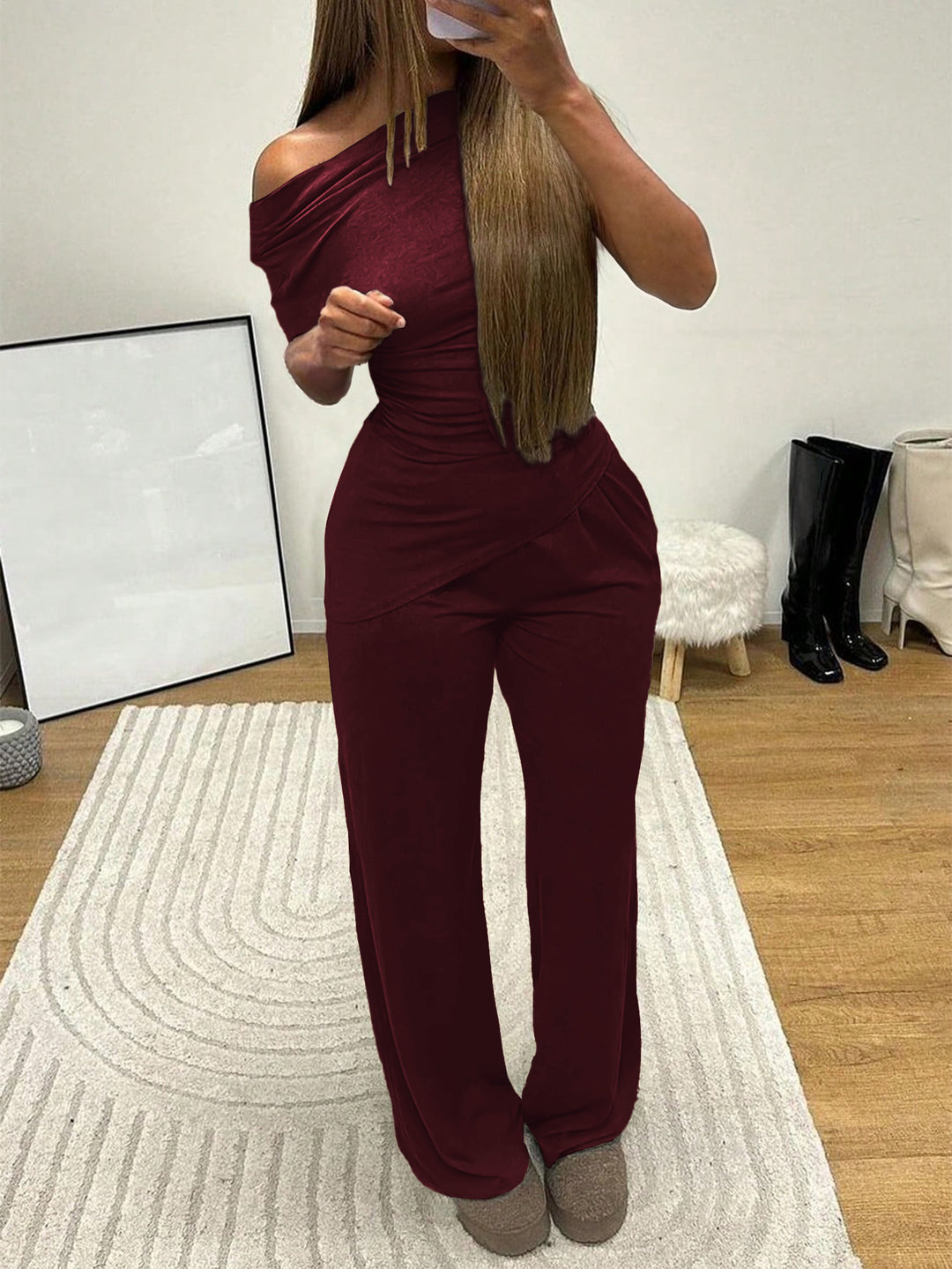 Maroon Off-Shoulder Top And Pant Co-Ord Set