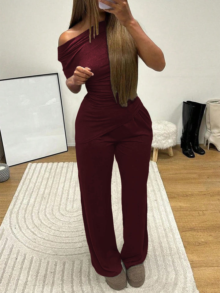 Maroon Off-Shoulder Top And Pant Co-Ord Set