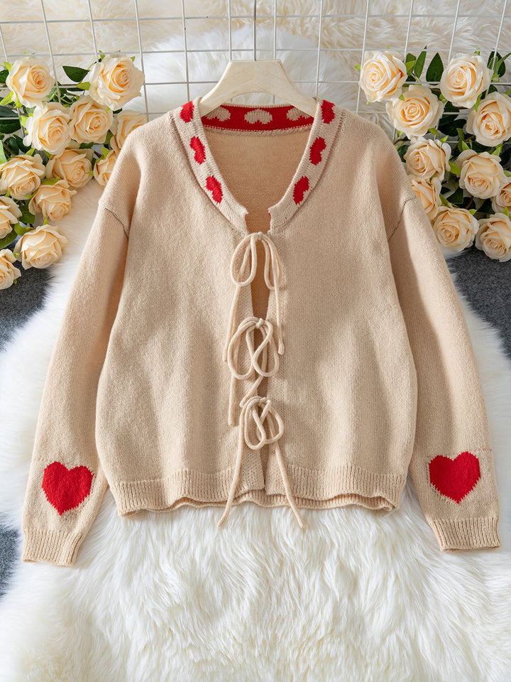 Beige Full Sleeves Printed Front Tie Up Cardigan