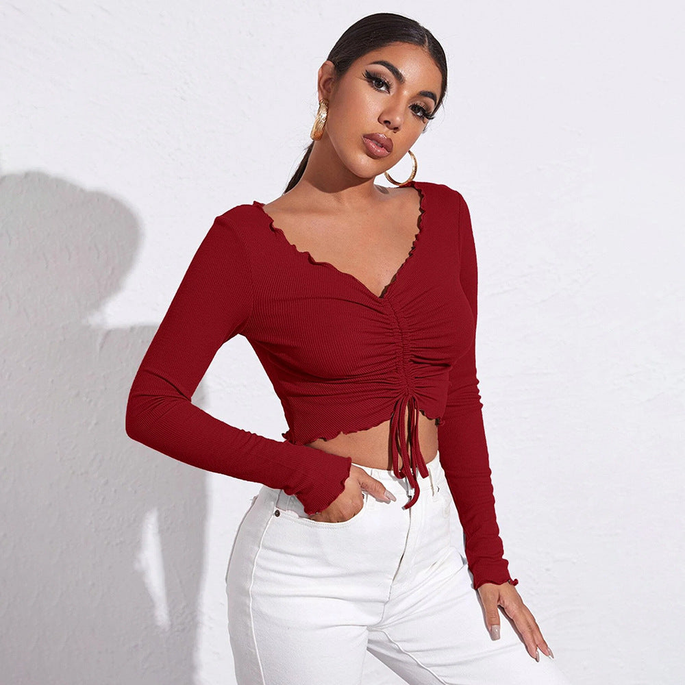 Red Full Sleeved V-Neck Ruched Top