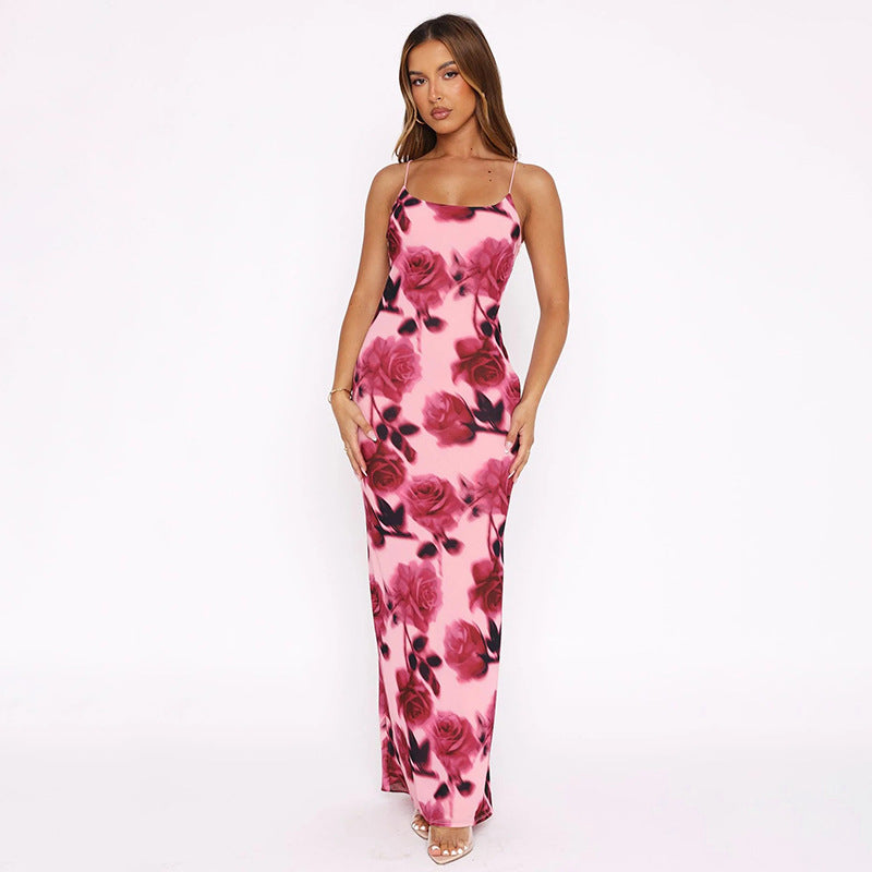 Pink Spaghetti Strap Printed Bodycon Maxi Dress