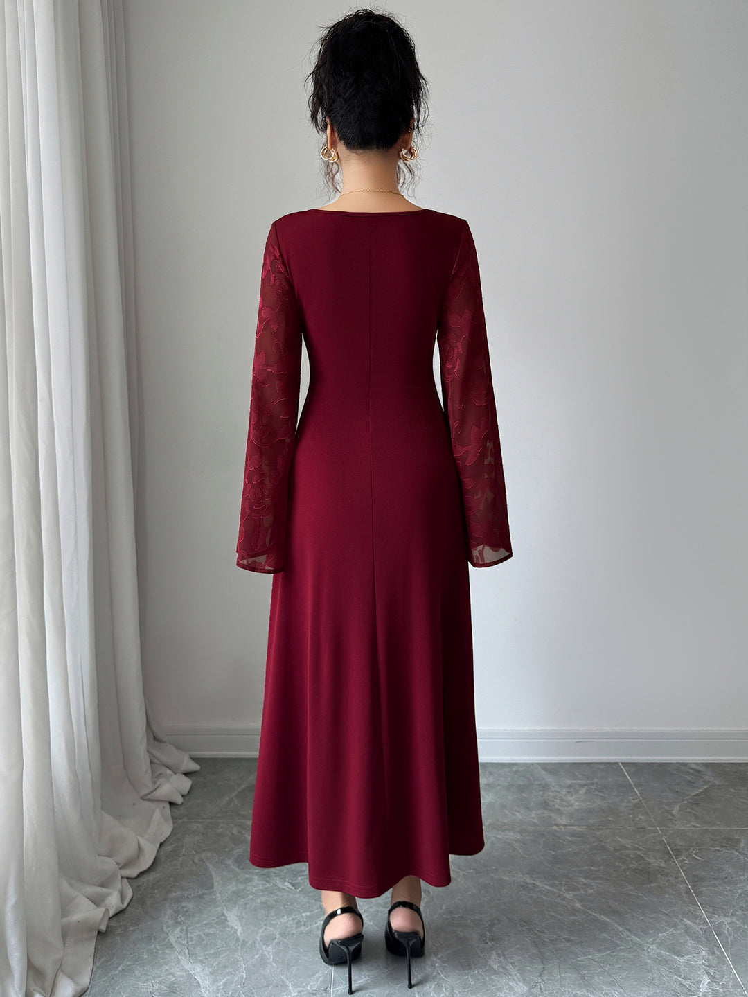 Maroon Bell Sleeve Scoop Neck Lace Detail Dress