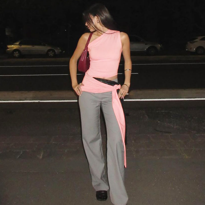 Pink Lace Up Single Shoulder Top