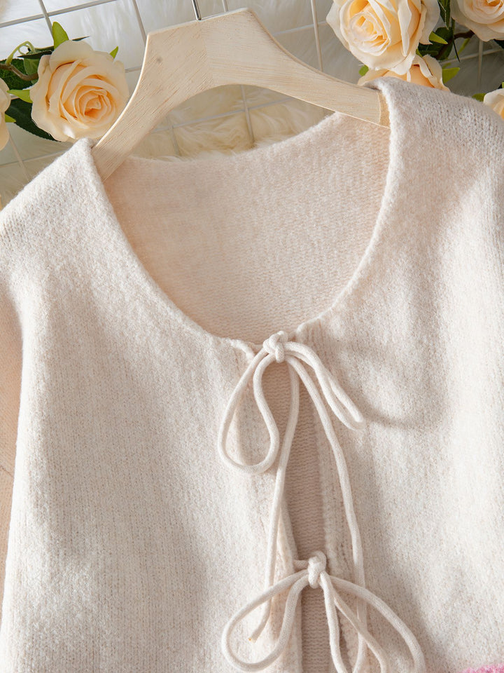 White Full Sleeves Front Tie Up Cardigan