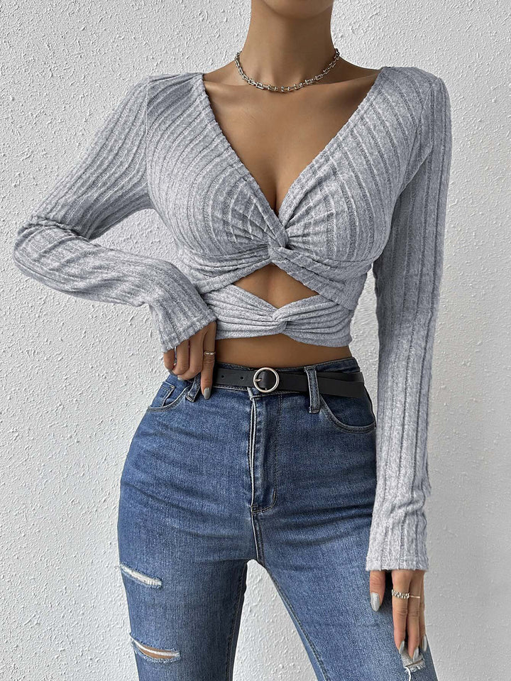 Grey Full Sleeved Knotted Knit Top