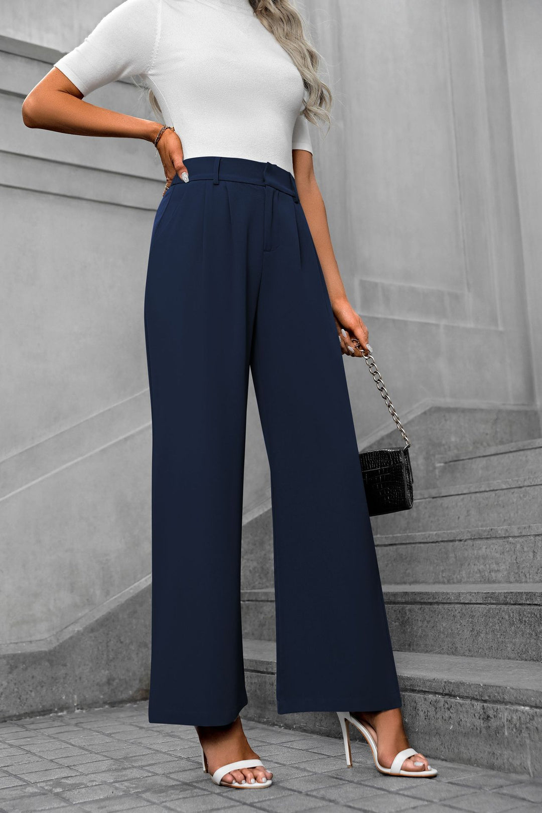 Navy Blue Waist Band Pleated Straight Fit Pants