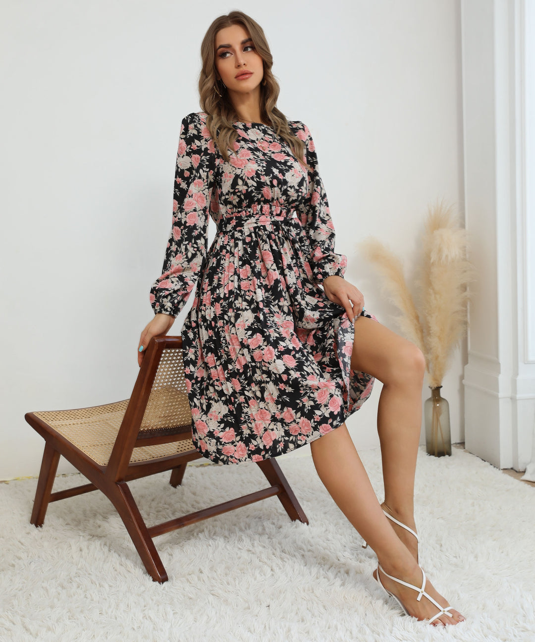 Multi Bishop Sleeve Printed Slit Dress