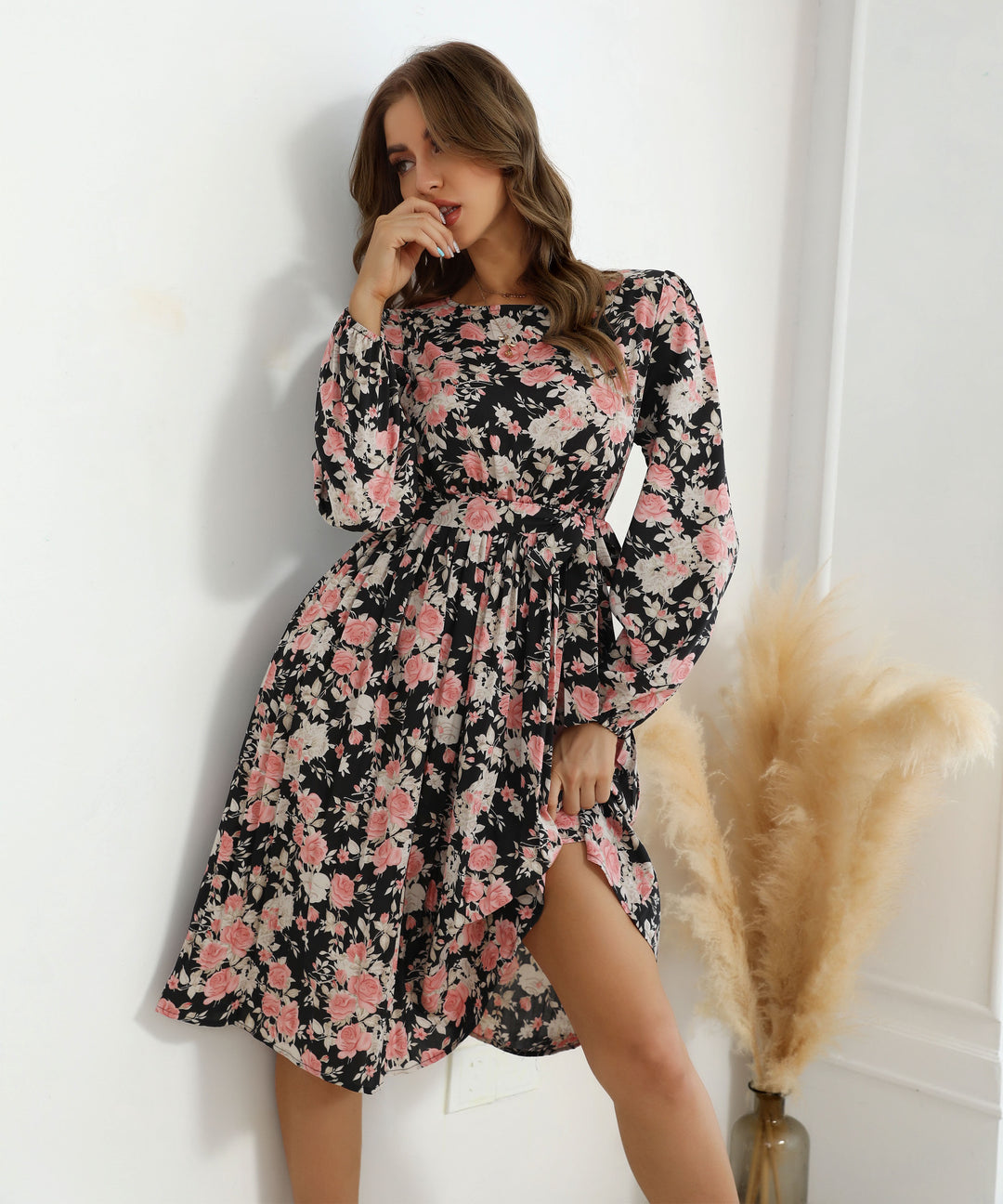 Multi Bishop Sleeve Printed Slit Dress