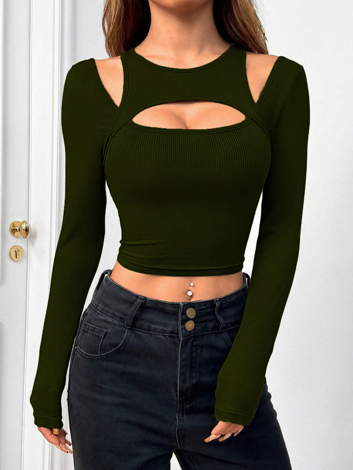 Green Full Sleeve Cut-Out Detail Top
