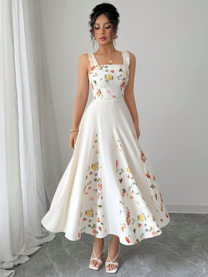 Cream Sleeveless Floral Printed Dress