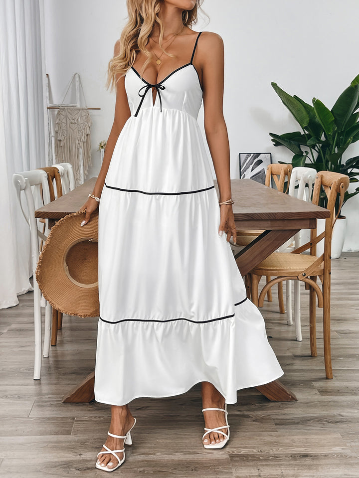 White Contrast Tipping Back Tie Up Maxi Dress