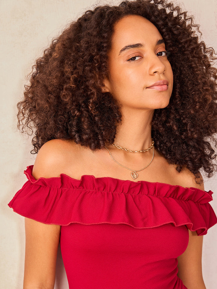 Wine Off-Shoulder Frilled Skater Dress